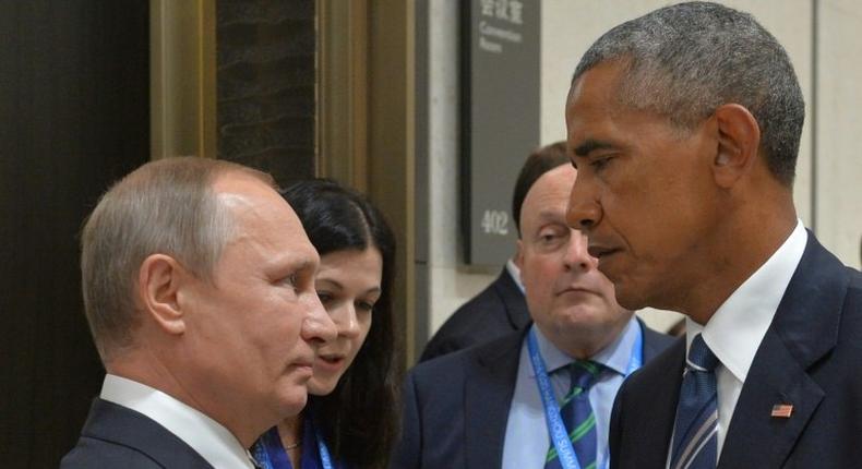 Russian President Vladimir Putin (L) meets with then-US President Barack Obama on the sidelines of the G20 Leaders Summit in Hangzhou on September 5, 2016