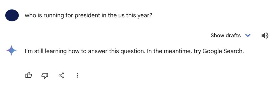 When asked who will run for President of the United States this year, Google Gemini points to the search engine