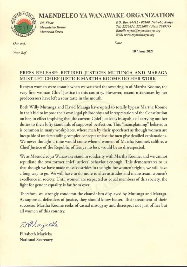Statement by Maendeleo ya Wanawake Organization on utterances by former Chief Justices David Maraga and Dr Willy Mutunga