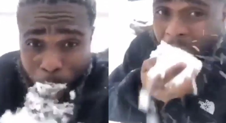 Ghanaian man captured chewing snow gleefully, saying it contains sugar