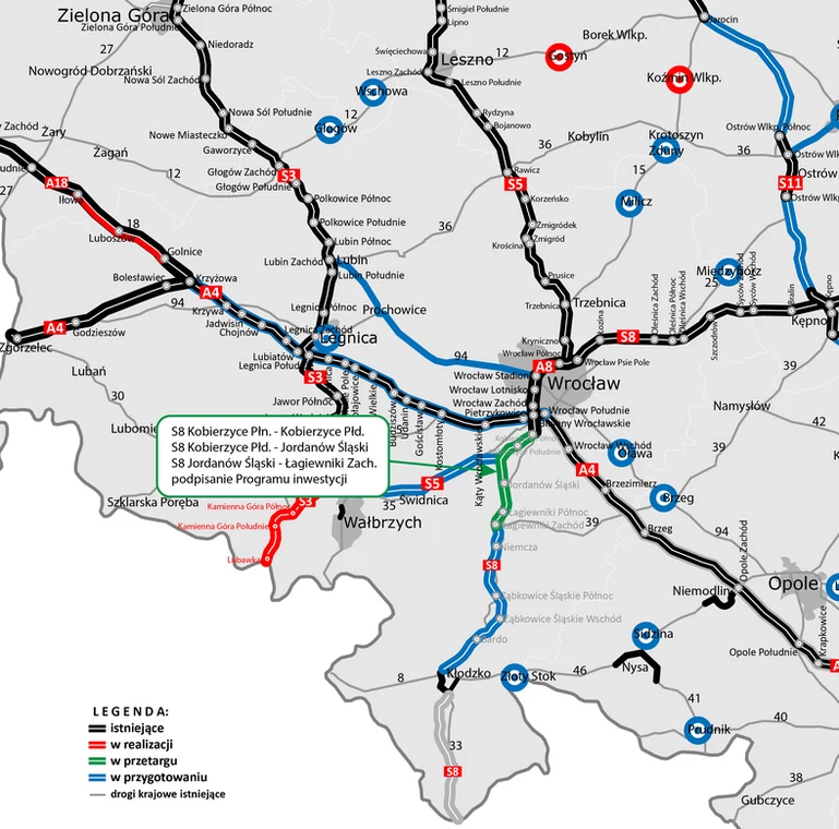 Mapa planowanej S8 Wrocław — Kłodzko — Boboszów, z zaznaczeniem odcinków Kobierzyce — Łagiewniki