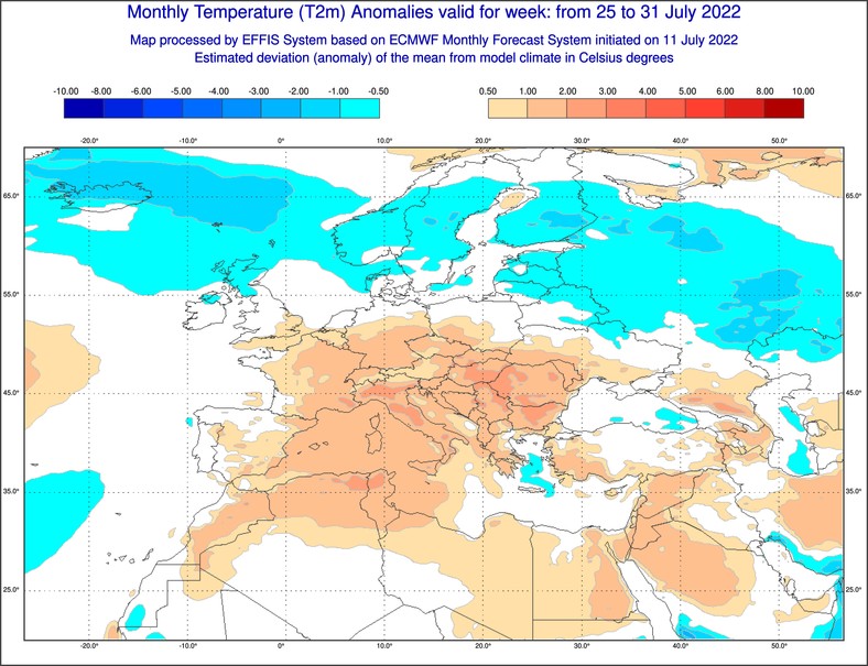 Prognoza odchylenia temperatury od normy w Europie w ostatnim tygodniu lipca