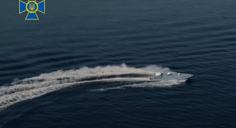 Screengrab of a sea baby drone tested at an undisclosed location in a video published by Ukraine's Security Service in March 2024.YouTube/@SecurityServiceUkraine