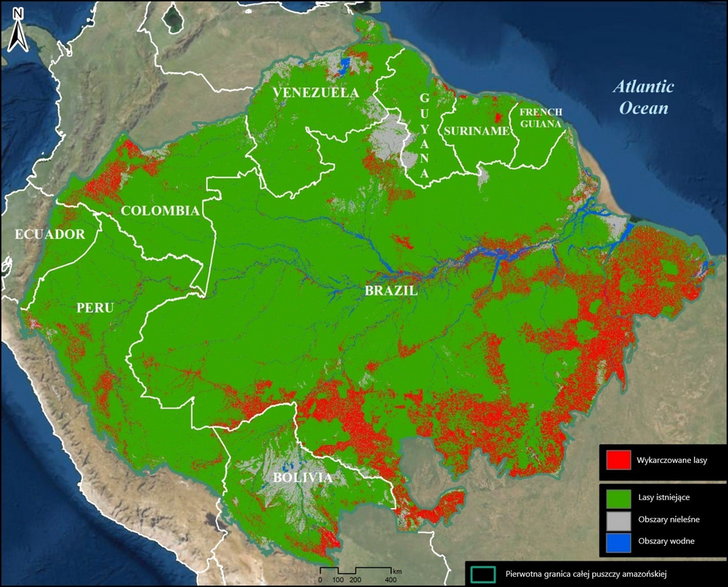 Ilustracja 2 Mapa pokazująca, jakie obszary Amazonii zostały utracone w wyniku deforestacji. Dane z Amazon Conservation Association i MAAP.
