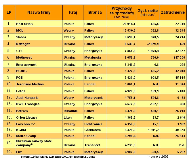 20 największych firm w Europie Środkowo-Wschodniej w 2010 r.