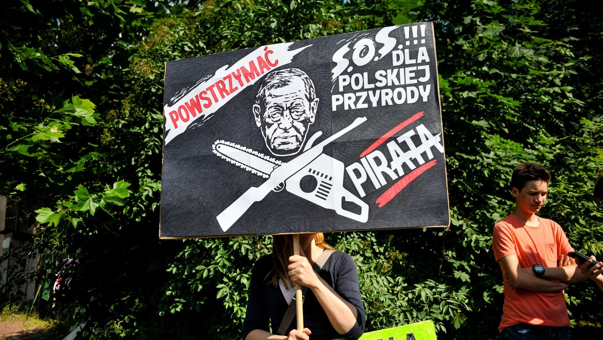 Protest ekologow w obronie Puszczy Bialowieskiej podczas sesji Unesco w Krakowie.