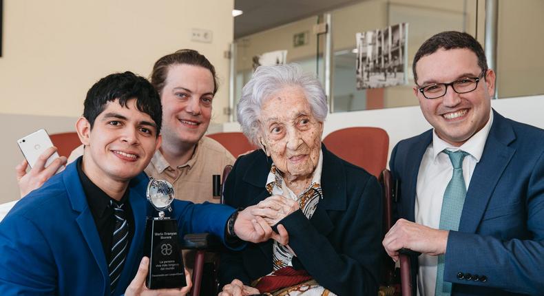 Villatoro and Meyers with Mara Branyas Morera, the oldest living person in the world.Thomas Williams, LongeviQuest