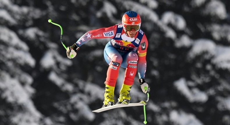 Steven Nyman of the US jumps during the men's second downhill practice of the FIS Ski Alpine World Cup, at the Hahnenkamm ski run in Kitzbuehel, Austria, on January 18, 2017