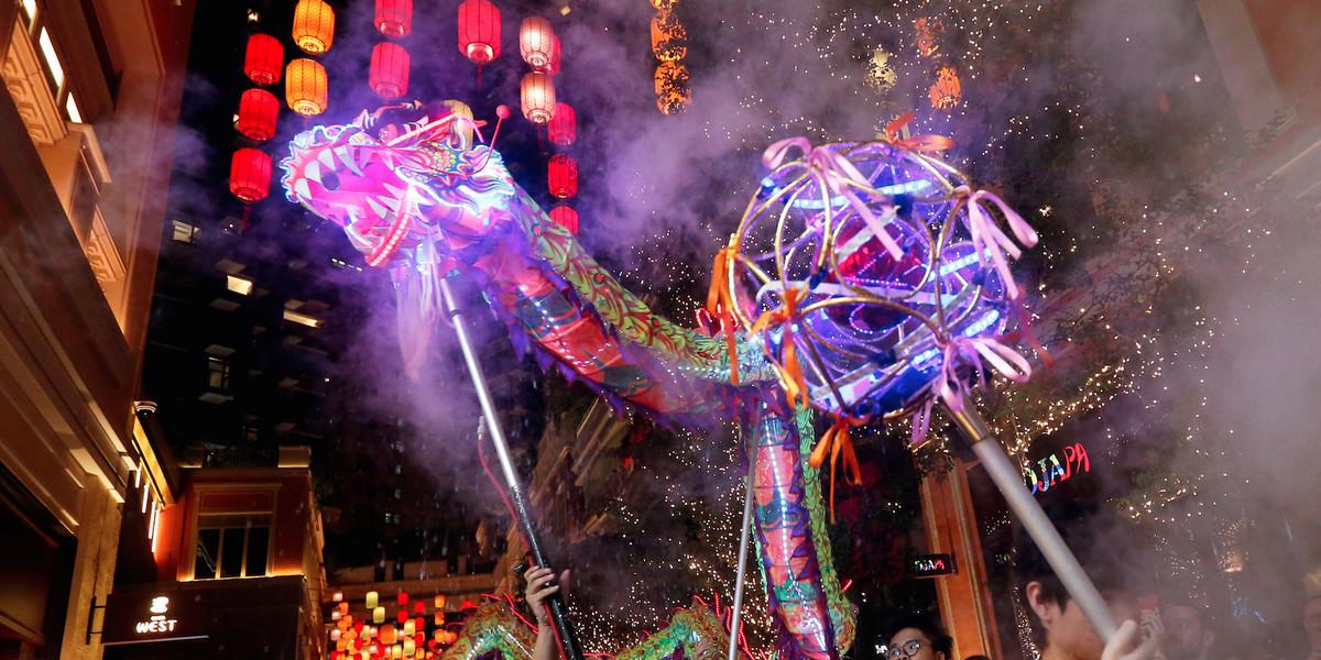 A dragon dance performed to celebrate the coming Mid-Autumn Festival in Hong Kong.