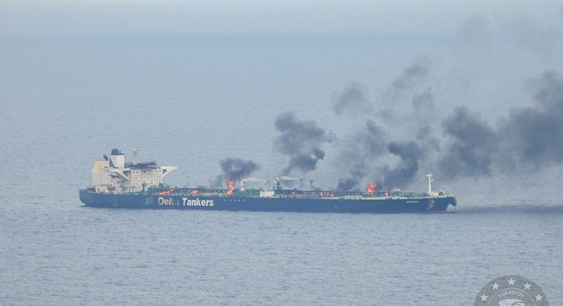 The MV Sounion on fire in the Red Sea.European Union's Operation Aspides