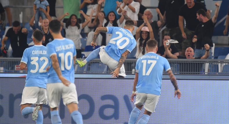 Mattia Zaccagni celebrates after breaking the deadlock for Lazio