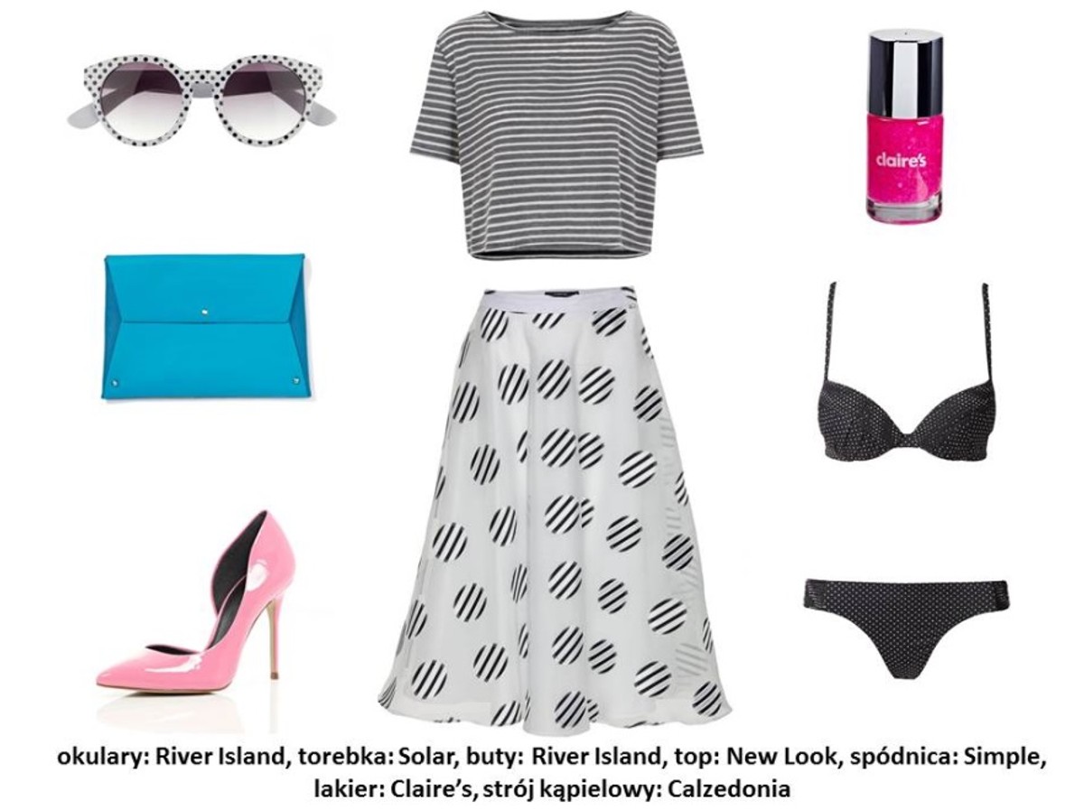 Okulary River Island: 69 pln torebka Solar: 119 pln buty River Island: 249 pln top New Look: 49,99 pln spódnica Simple: 429,90 pln lakier Claire’s: 14,90 pln strój kąpielowy Calzedonia: góra 130 pln, dół 70 pln