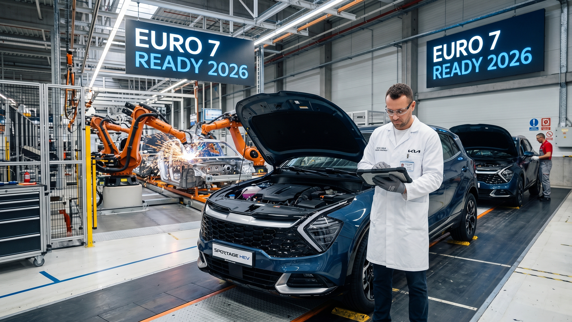 Moderná výrobná linka automobilky – technik v bielom plášti drží tablet a kontroluje emisný systém nového modelu SUV, na pozadí vidno roboty zvárania a nápis „Euro 7 Ready 2026″.
