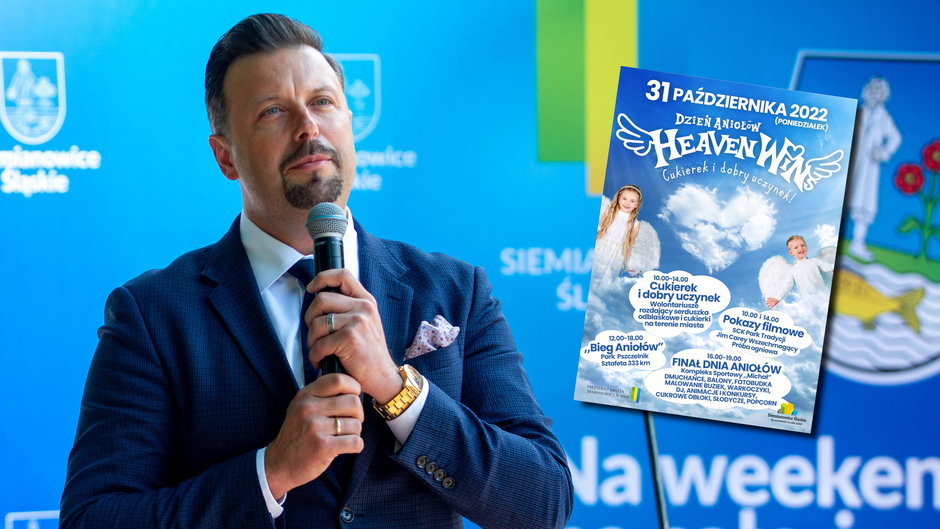 Prezydent Siemianowic Śląskich Rafał Piech i plakat promujący "święto aniołów" 