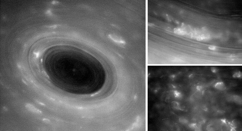 Saturn's giant hurricane (left) and other views of the planet's stormy cloud tops taken by Cassini on April 26, 2017.