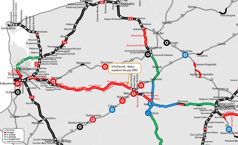 Mapa z lokalizacją odcinka S10 Piecnik-Wałcz