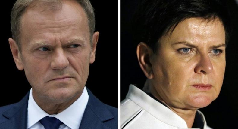 Polish Prime Minister Beata Szydlo (R) told EU peers that Donald Tusk (L) as Council president had brutally violated the rule of political neutrality by becoming involved in domestic political disputes