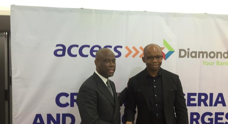 Access Bank CEO, Herbert Wigwe, Diamond Bank CEO, Uzoma  Dozie and other top management at a World Press Conference, December 19, 2018.