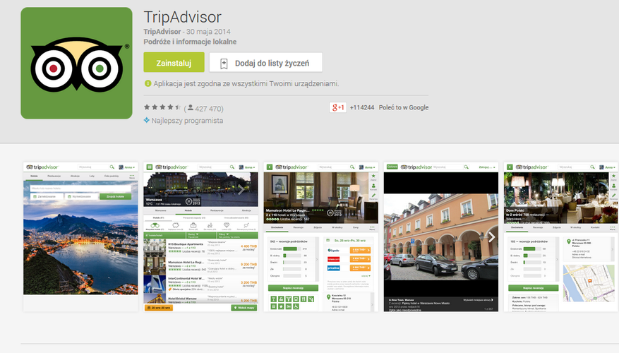 <b>TripAdvisor</b>
<br><br>
Aplikacja umożliwia kompleksowe zaplanowanie naszej wakacyjnej podróży. To nie tylko bank informacji na temat największych turystycznych atrakcji na świecie (ponad 150 mln opinii i recenzji), ale również gigantyczna baza zdjęć wykonanych przez użytkowników serwisu. Funkcja 