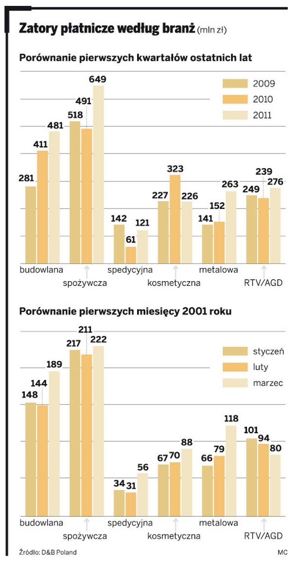 Zatory płatnicze według branż (mln zł)