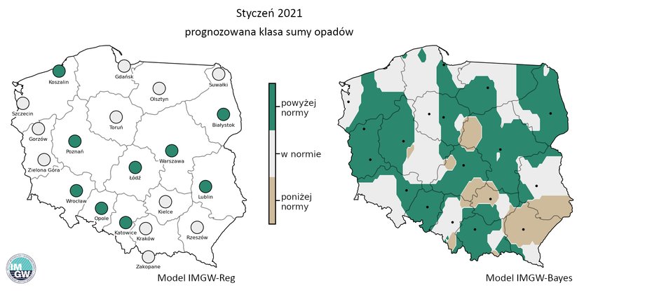 Prognozowana klasa miesięcznej sumy opadów w styczniu 2021 r. według modelu IMGW-Reg i IMGW-Bayes