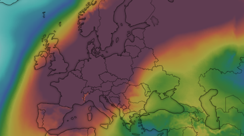 Układ wysokiego ciśnienia nad Europą, oznaczony kolorem fioletowym