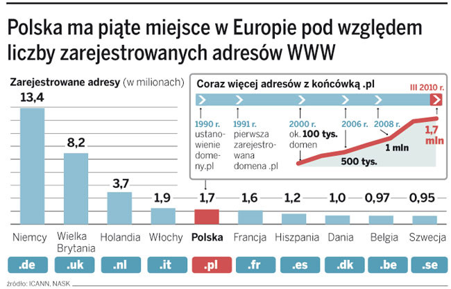Polska ma piąte miejsce w Europie pod względem liczby zarejestrowanych adresów WWW