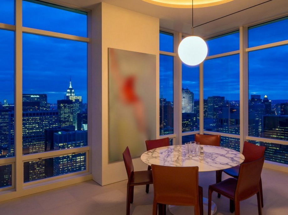 At night, the Empire State Building lights are visible from the breakfast table.
