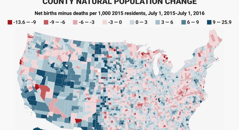 America's population is growing. This map shows the difference between births and deaths in each county between 2015 and 2016.