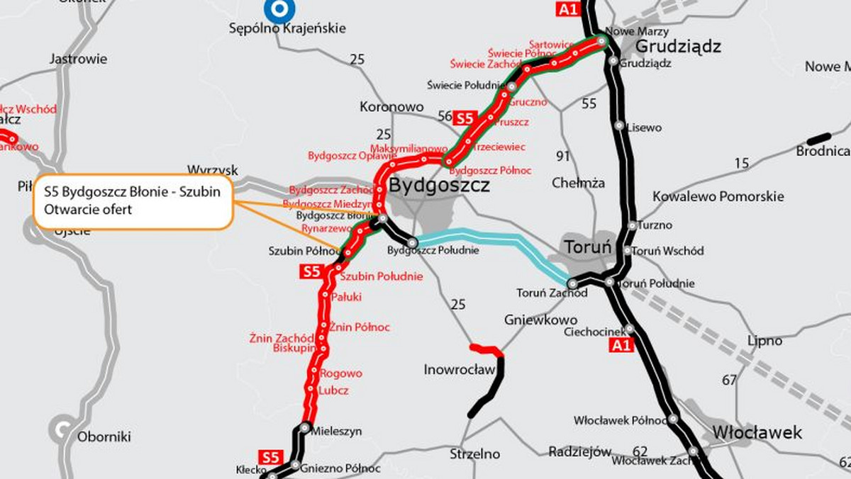 Sześć ofert na dokończenie odcinka ekspresówki S5 między Bydgoszczą a Szubinem wpłynęło do Generalnej Dyrekcji Dróg Krajowych i Autostrad. Żadna z nich nie mieści się w kwocie, jaką drogowcy mieli zamiar wydać na ten cel.