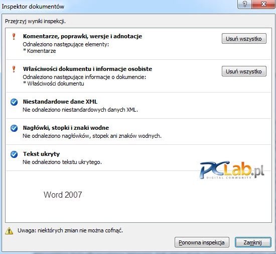 MS Word 2007 – raport Inspektora dokumentów