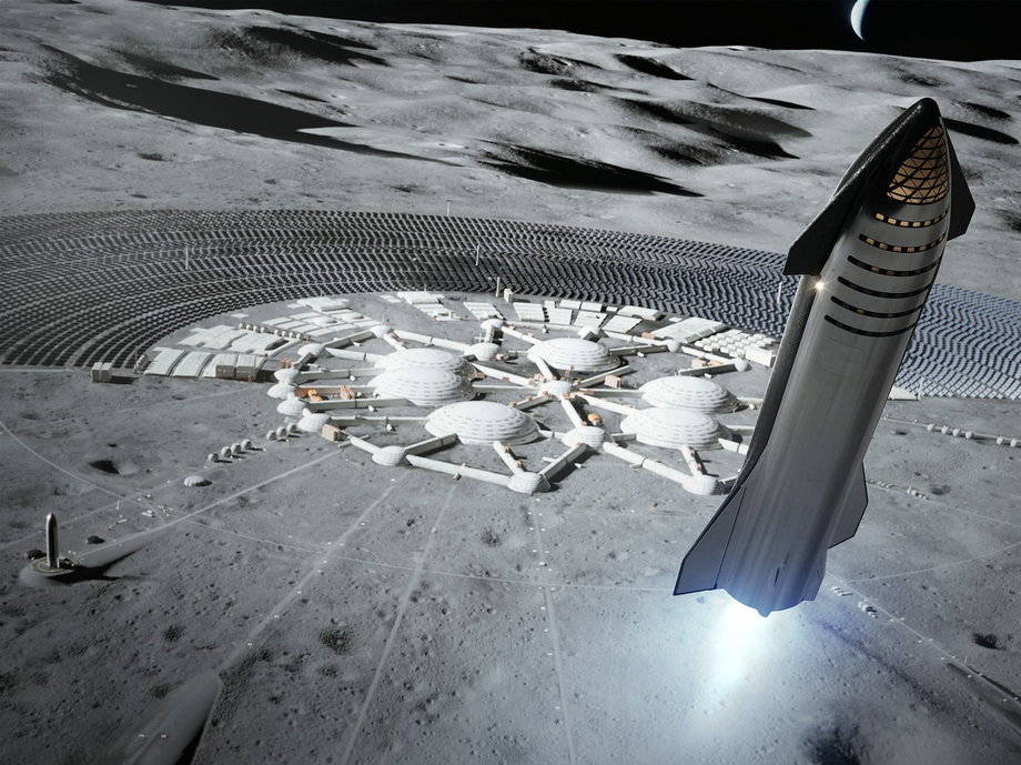Wizualizacja przedstawia lądowanie statku kosmicznego na Księżycu w przyszłości. Firma SpaceX otrzymała kontrakt na wysłanie statku kosmicznego na Księżyc.