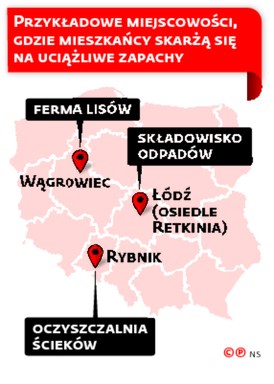 Przykładowe miejscowości, gdzie mieszkańcy skarżą się na uciążliwe zapachy