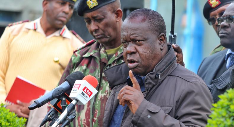 Interior Cabinet Secretary Fred Matiang'i addressing presser after security meeting in Nakuru county