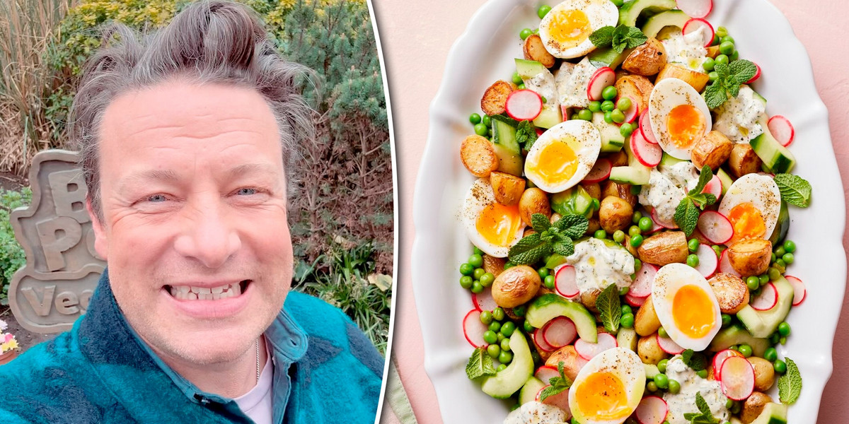 Jamie Oliver uwielbia wymyślać nowe przepisy na sałatkę ziemniaczaną. Tym razem dodał do niej nowalijki i jajka.