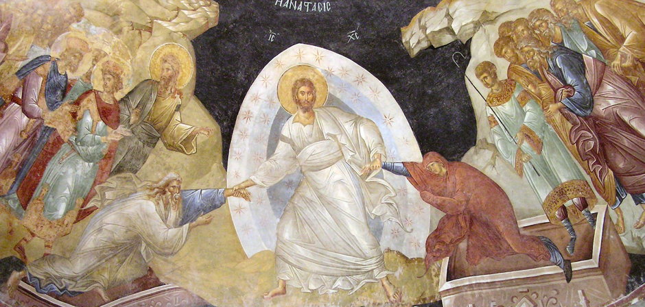 "Jezus wyprowadzający z grobów Adama i Ewę podczas swojego zmartwychwstania", fresk w Kościele Świętego Zbawiciela na Chorze, Stambuł, Turcja