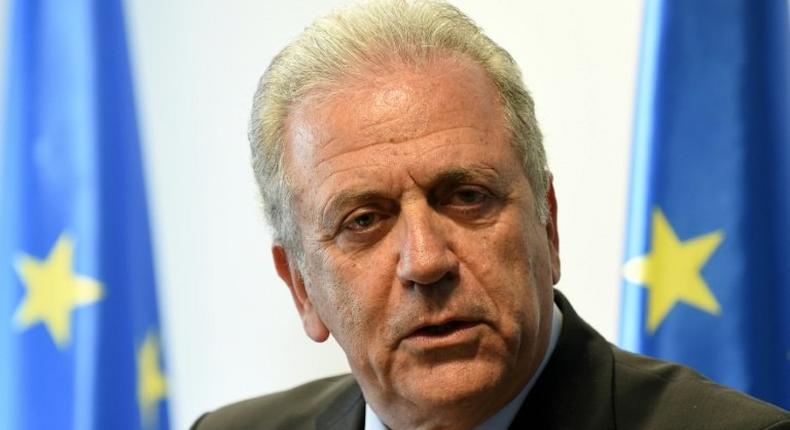 ​EU Commissioner for Migration Dimitris Avramopoulos holds a press conference in Warsaw on March 21, 2017, as Turkey threatens to renege on a deal to stem the flow of refugees and migrants to the bloc