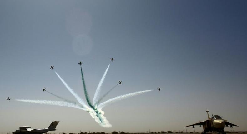 Planes take part in a flyover during a joint Sudanese-Saudi air force drill at the Marwa air base around 350 kilometres north of Khartoum on April 9, 2017