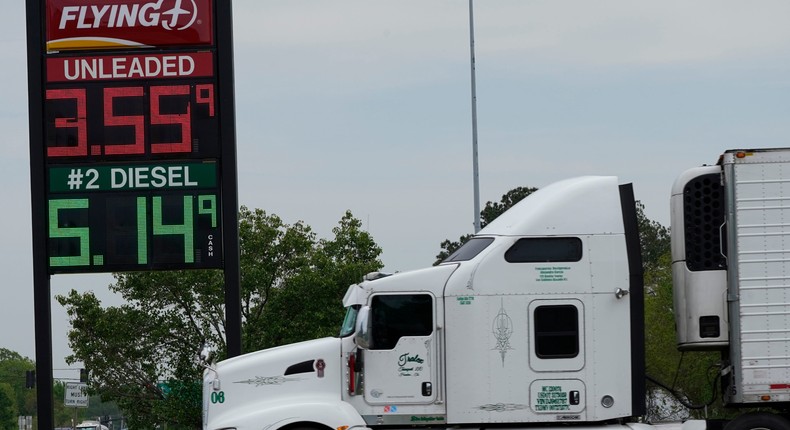 Truck passes  sign at Flying J Truck Stop in Pearl, Miss., in April. The trucking industry offsets diesel prices through a fuel surcharge, which is calculated through a base rate that is usually added to a shipper's freight bill.