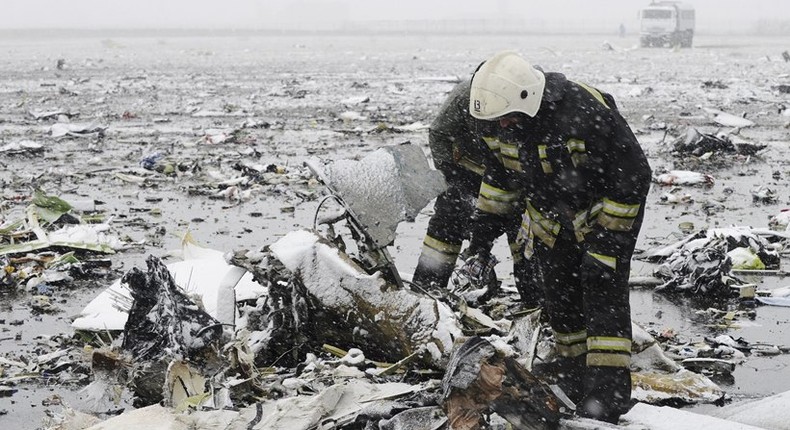 A photo taken at the site of the FlyDubai plane crash in Russia