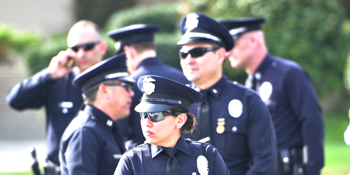 Los Angeles Police Department officers staged near Hollywood High School, February 28, 2016.