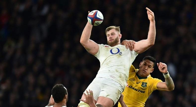 England's lock George Kruis wins a high ball during the international rugby union test match between England and Australia at Twickenham stadium in south-west London on December 3, 2016