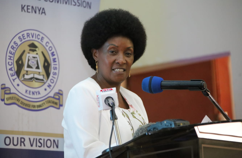 Teachers Service Commission (TSC) CEO Dr Nancy Macharia speaking during launch of live-streamed lessons at the Alliance Girls High School