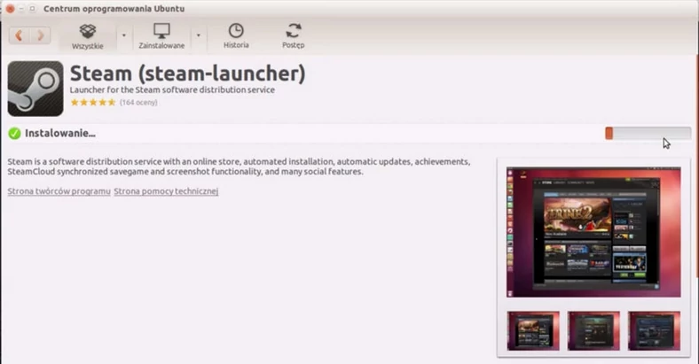 Będąc w Centrum oprogramowania Ubuntu, możemy śledzić postęp instalacji Steama