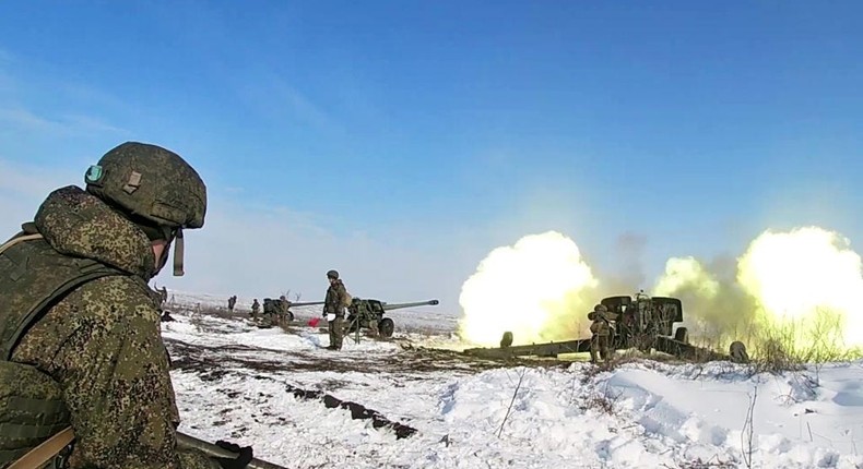 Russian servicemen from the units of the 150th Motor Rifle Division of the Southern Military District take part in exercises on the training grounds in the Rostov Region, Russia, on January 28, 2022.Russian Defence Ministry / Handout/Anadolu Agency via Getty Images