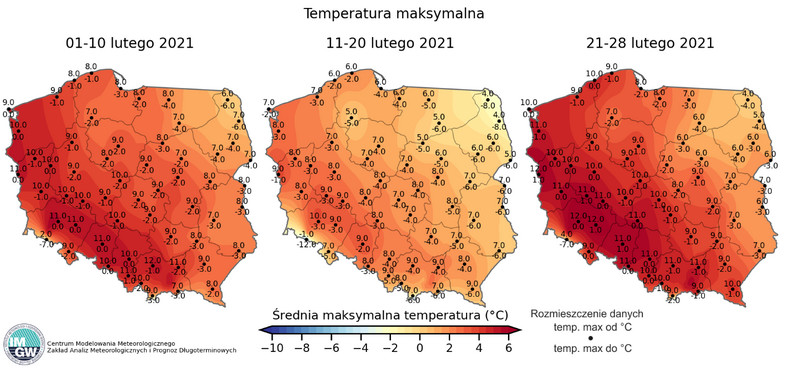 Prognoza długoterminowa na luty 2021. Temperatura maksymalna