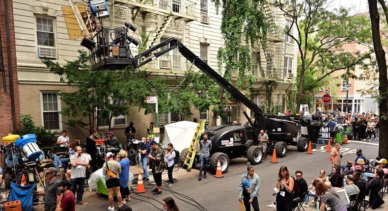 View of crew on the set of And Just Like That... the follow up series to Sex and the City in the West Village on September 17, 2021 in New York City.
