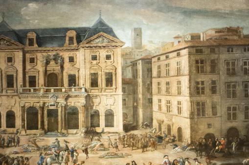„Widok ratusza w Marsylii podczas zarazy w 1720 roku – obraz Michela Serre’a (1658-1733) 