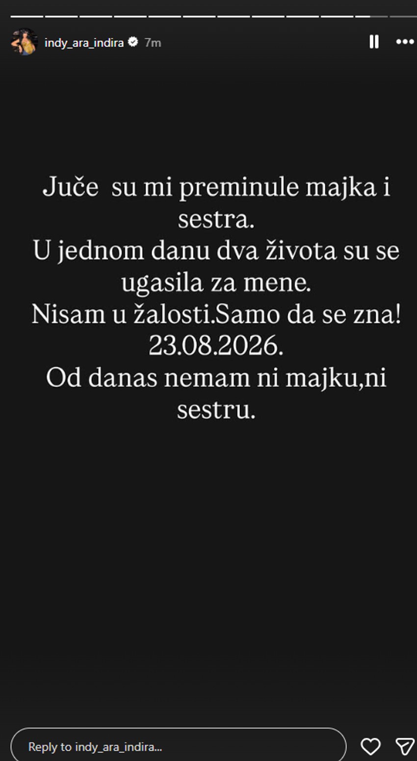 "Juče su mi preminule majka i sestra": Jeziva objava Indi Aradinović