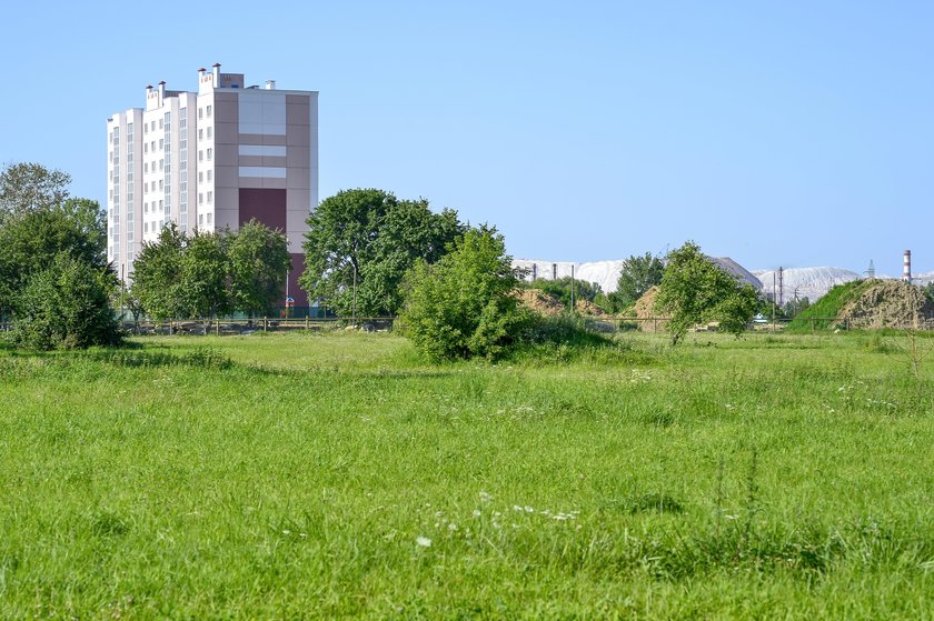 Multi-storey pink house on the outskirts of a small industrial town and a salt mine